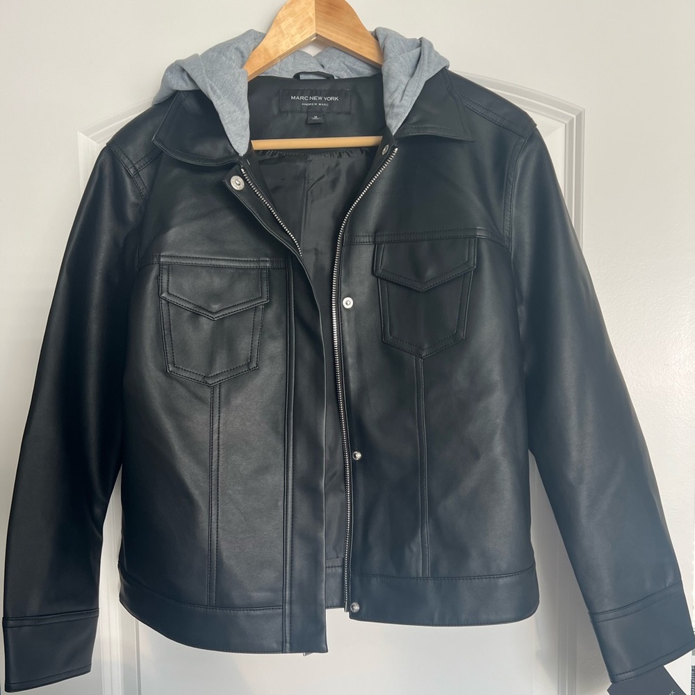 NWT Womens Marc New York Black Hooded Faux Leather Moto Jacket - medium
